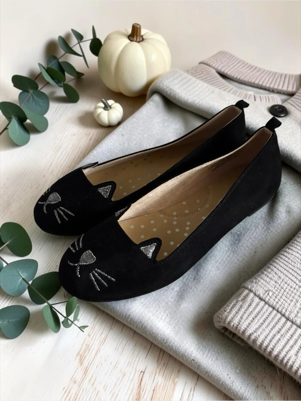 Cat & Jack Big Girls Size 4 Black Cat Face Flats EUC